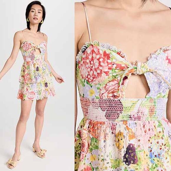 NEW Alice + Olivia Fina Smocked Eyelet Dawn Floral Mini Dress Multi Color Size 0 - Picture 7 of 7
